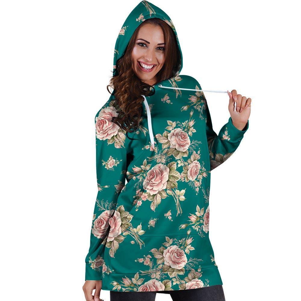 Vintage Watercolor Pink Rose Flower Print Hoodie Dress-grizzshop