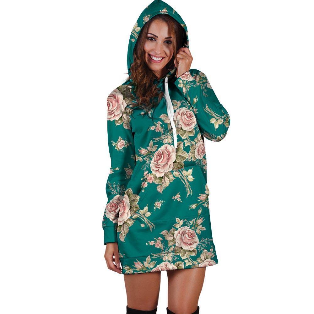 Vintage Watercolor Pink Rose Flower Print Hoodie Dress-grizzshop