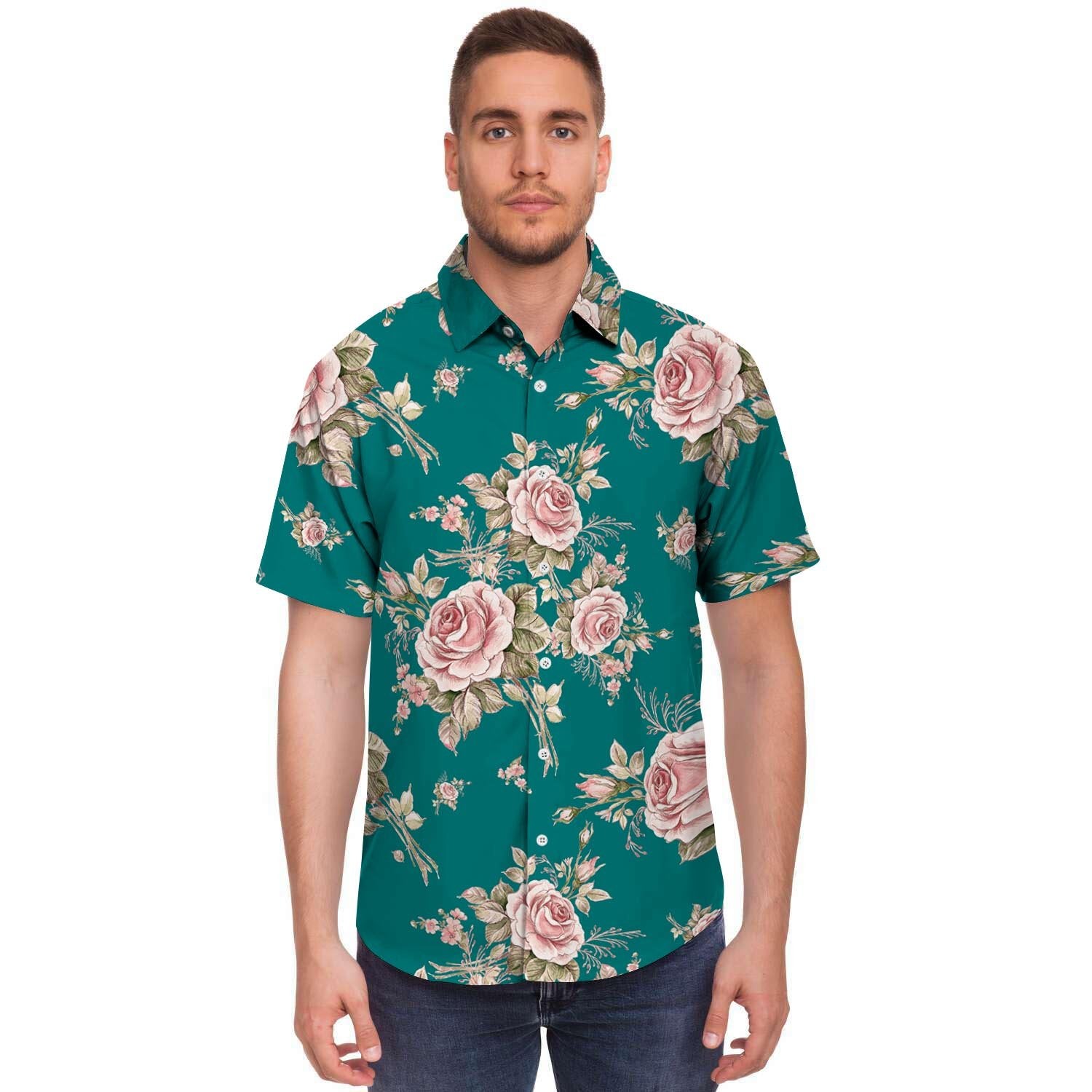 Vintage Watercolor Pink Rose Flower Print Men's Short Sleeve Shirt-grizzshop