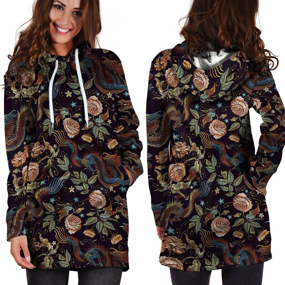 Vintage Chinese Dragon Floral Print Hoodie Dress-grizzshop