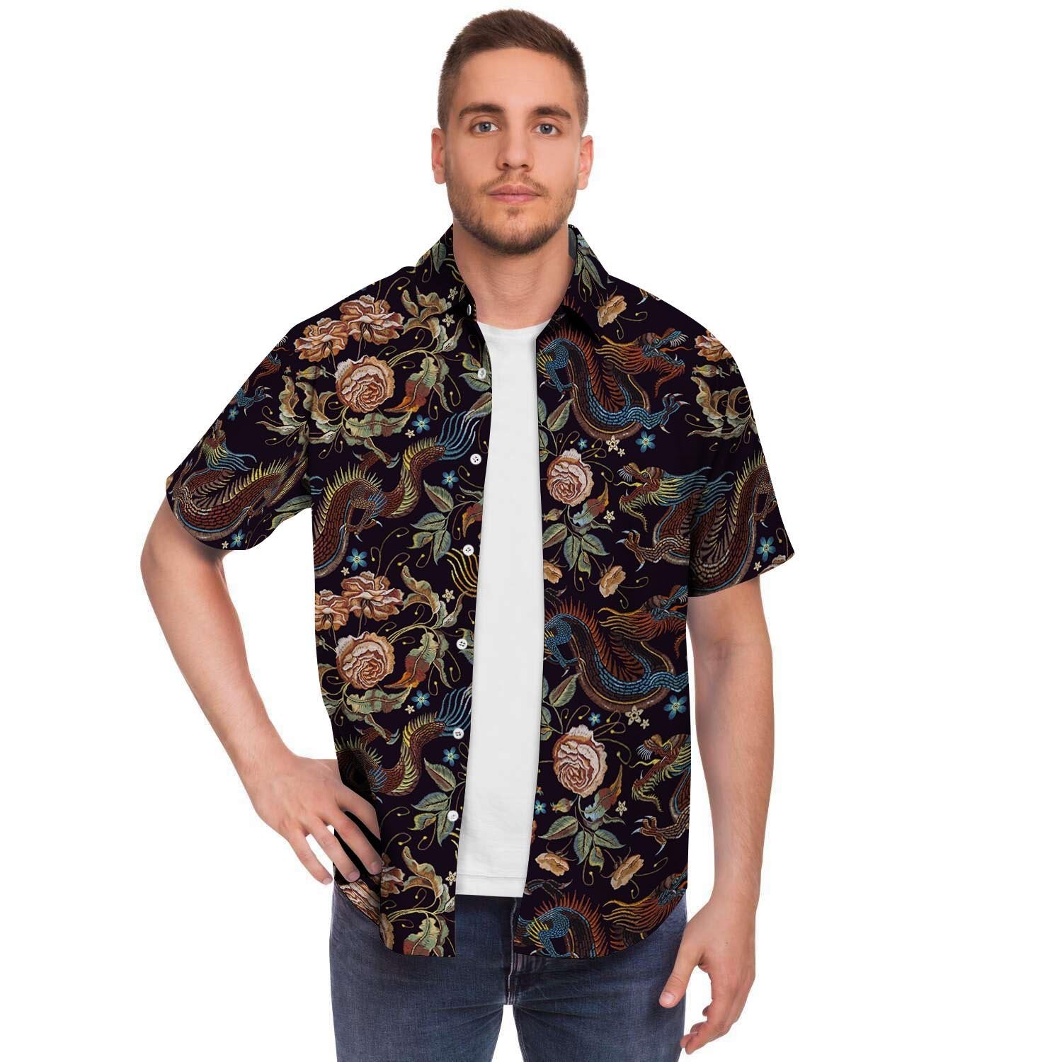 Vintage Chinese Dragon Floral Print Men's Short Sleeve Shirt-grizzshop