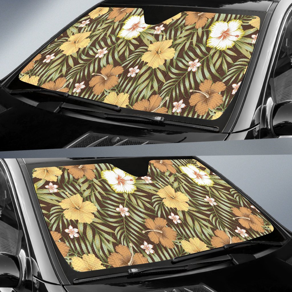 Vintage Hawaiian Floral Tropical Flower Hibiscus Palm Leaves Pattern Print Car Sun Shade-grizzshop