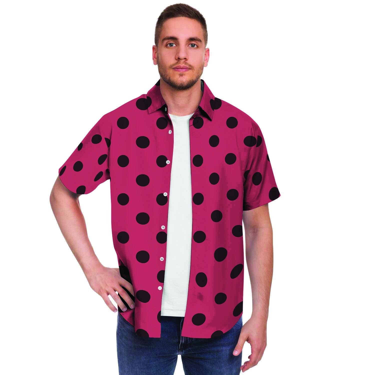 Vintage Pink And Black Polka Dot Men's Short Sleeve Shirt-grizzshop