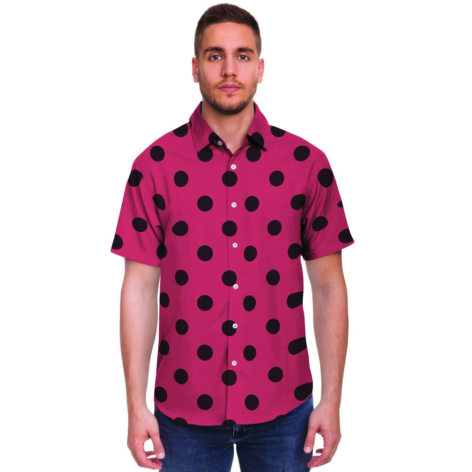 Vintage Pink And Black Polka Dot Men's Short Sleeve Shirt-grizzshop