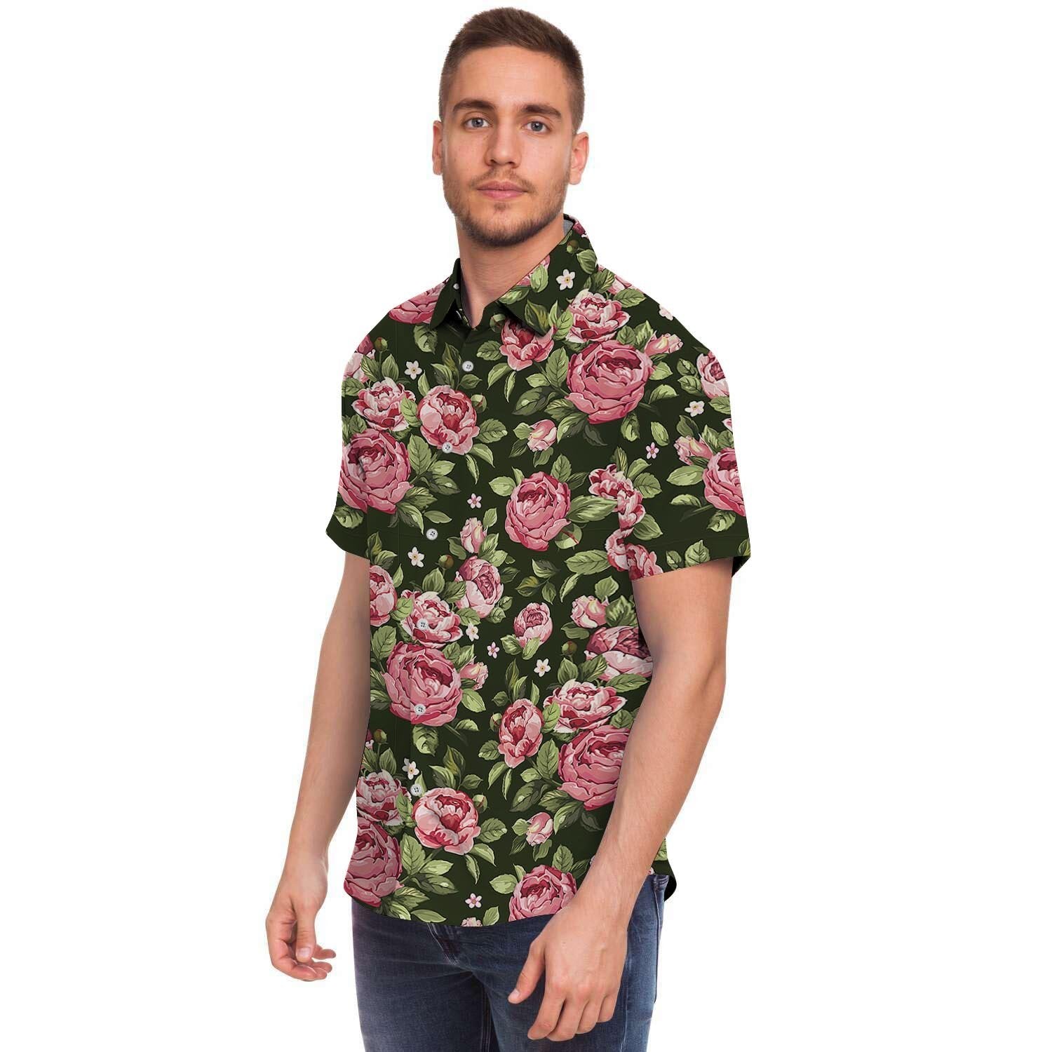 Vintage Pink Rose Floral Print Men's Short Sleeve Shirt-grizzshop