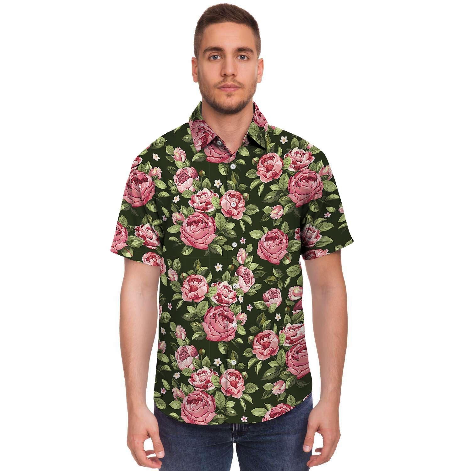 Vintage Pink Rose Floral Print Men's Short Sleeve Shirt-grizzshop
