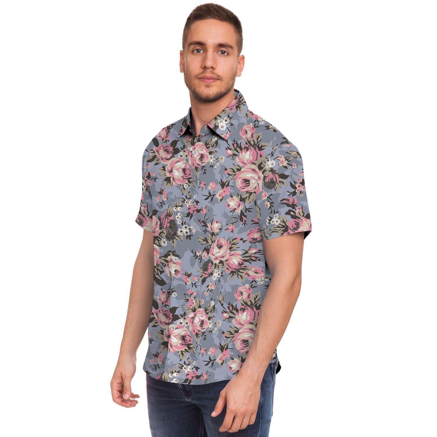 Vintage Pink Rose Flower Print Men's Short Sleeve Shirt-grizzshop
