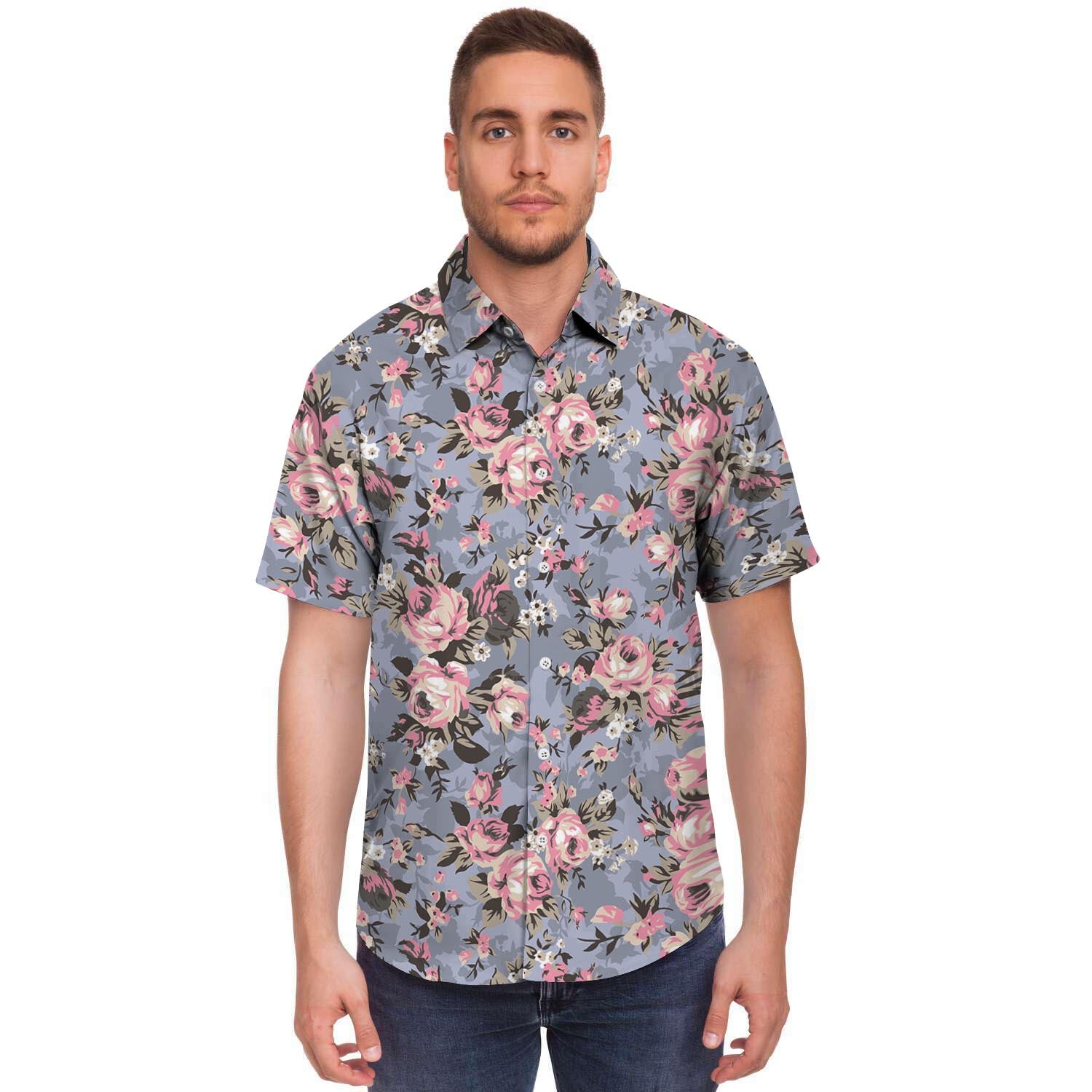 Vintage Pink Rose Flower Print Men's Short Sleeve Shirt-grizzshop
