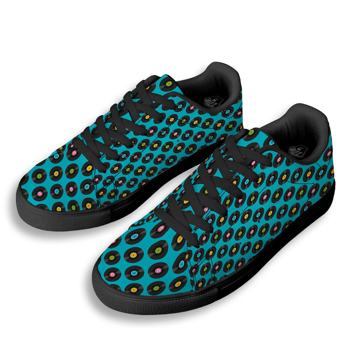 Vinyl Record Blue Print Pattern Black Low Top Sneakers-grizzshop
