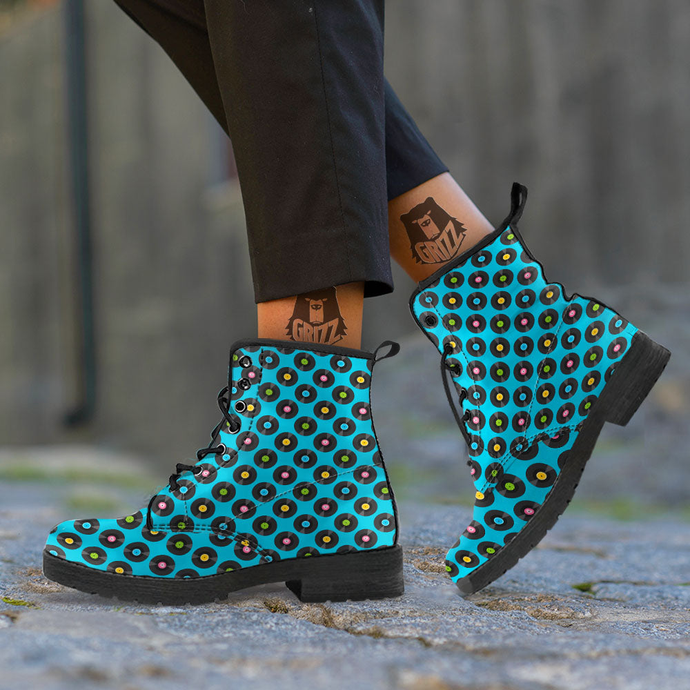 Vinyl Record Blue Print Pattern Leather Boots-grizzshop