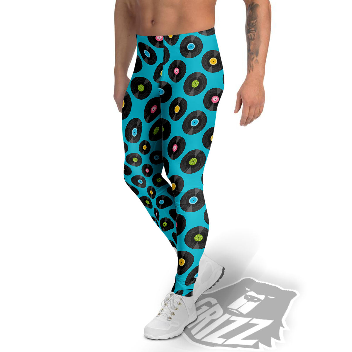 Vinyl Record Blue Print Pattern Men's Leggings-grizzshop