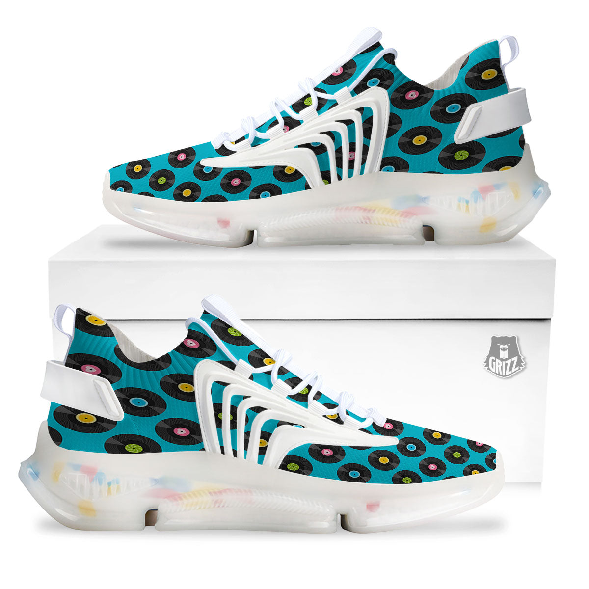 Vinyl Record Blue Print Pattern White Gym Shoes-grizzshop