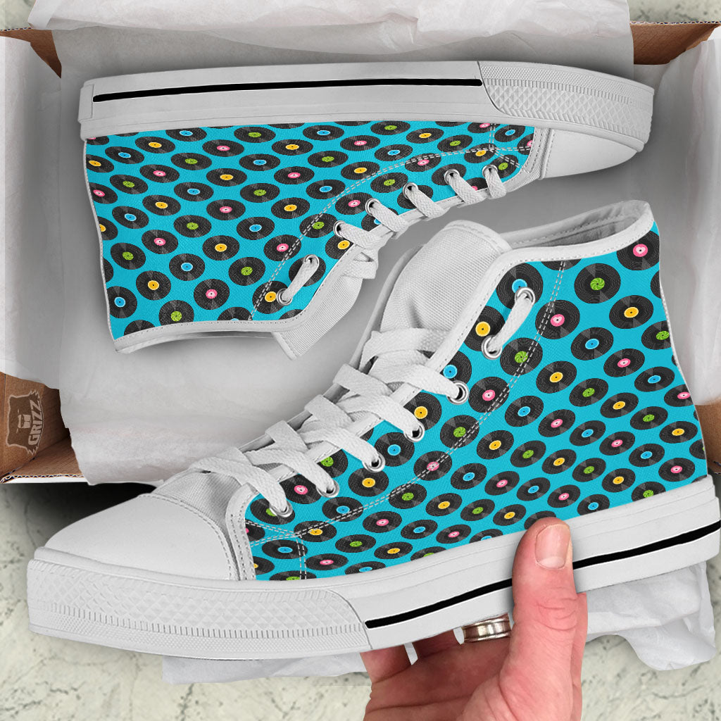 Vinyl Record Blue Print Pattern White High Top Shoes-grizzshop