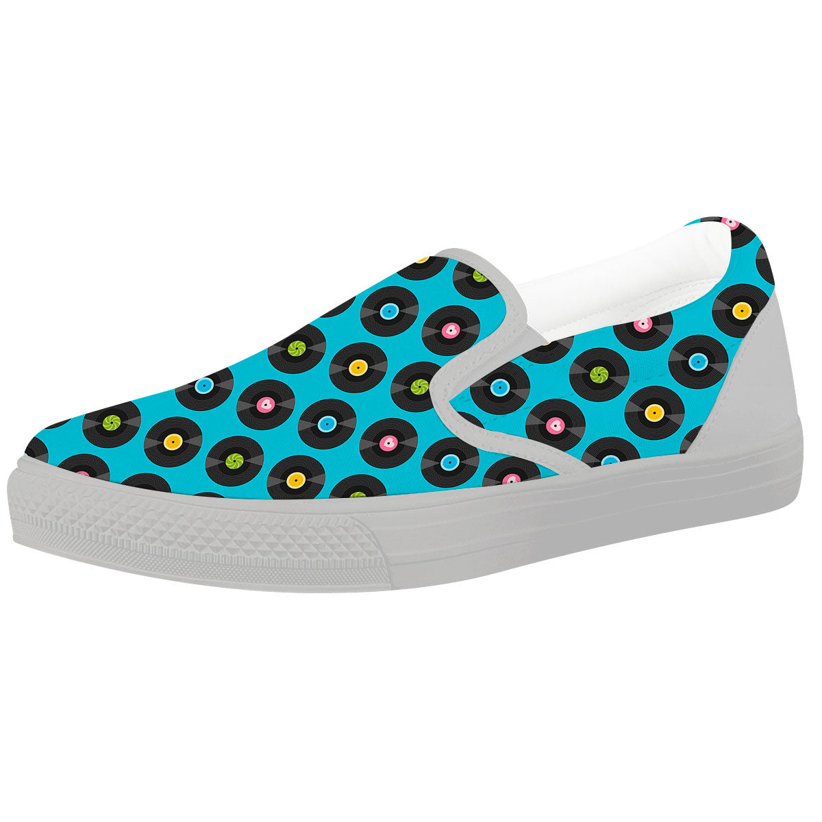 Vinyl Record Blue Print Pattern White Slip On Shoes-grizzshop