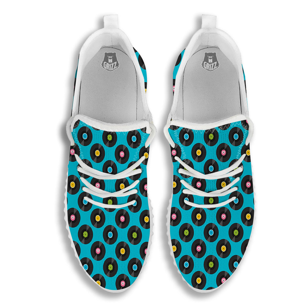 Vinyl Record Blue Print Pattern White Walking Shoes-grizzshop