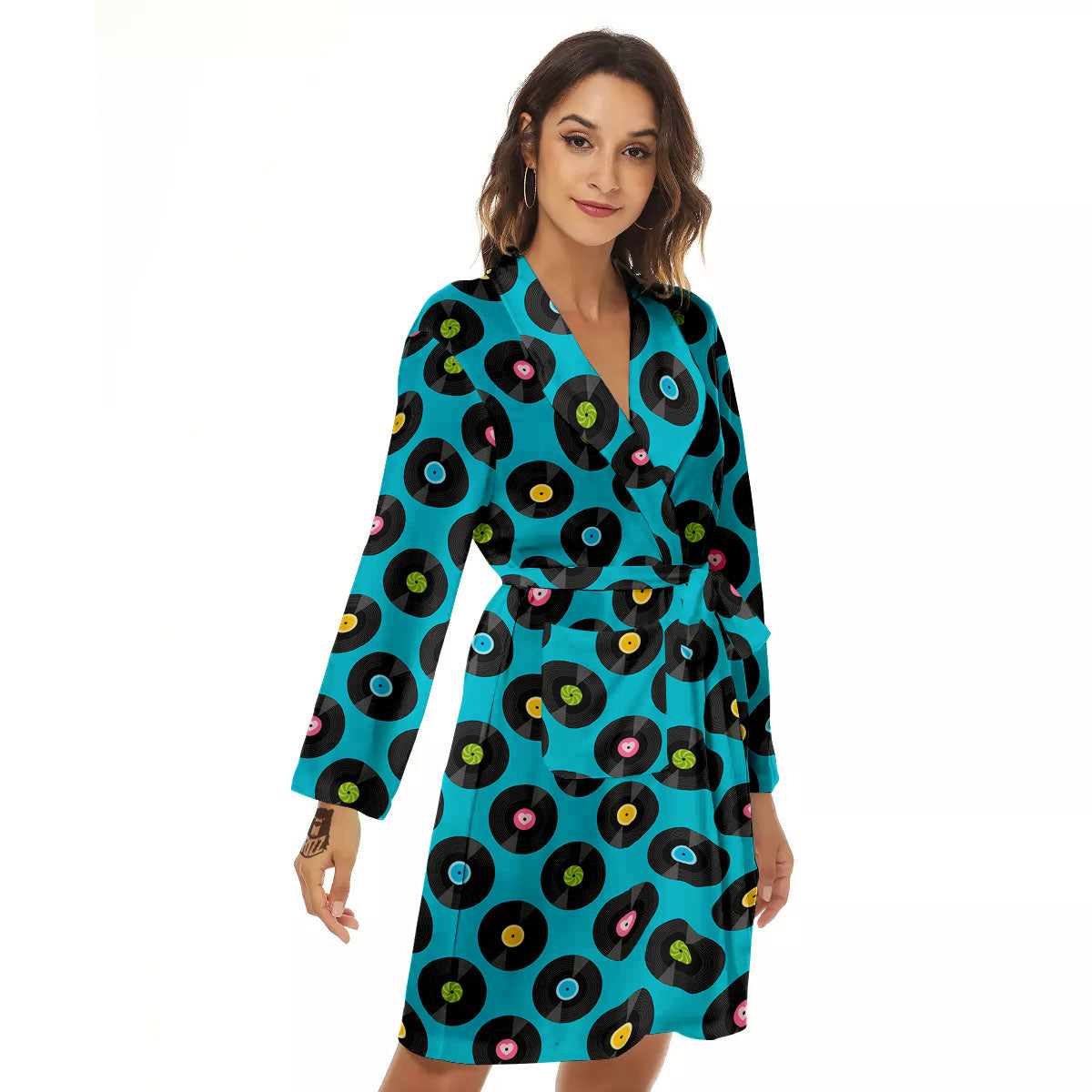 Vinyl Record Blue Print Pattern Women's Robe-grizzshop