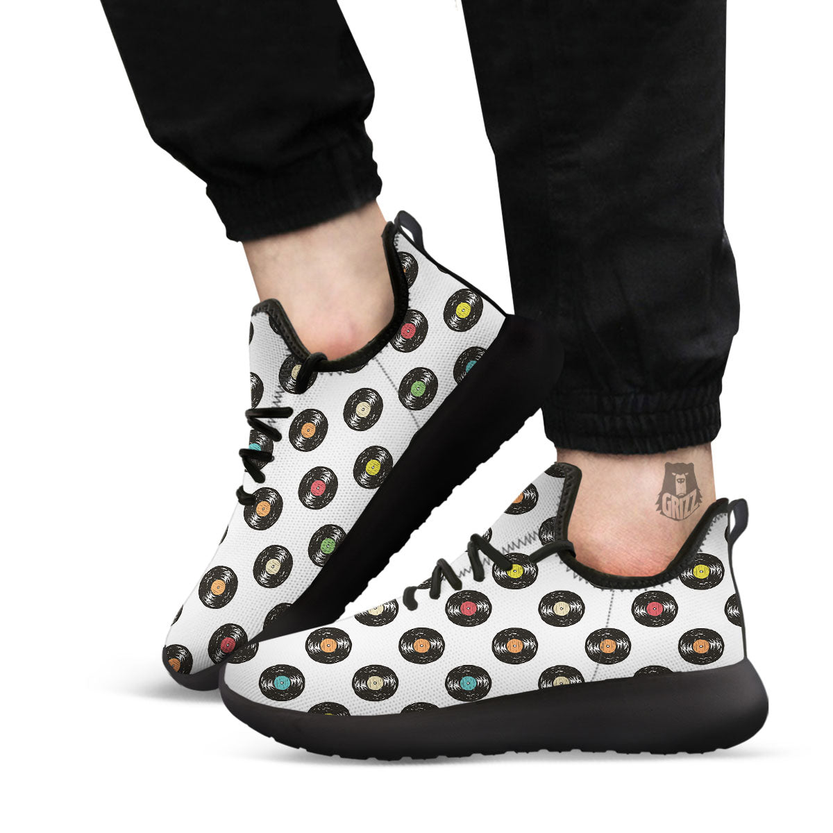 Vinyl Record Hand Drawn Print Pattern Black Athletic Shoes-grizzshop