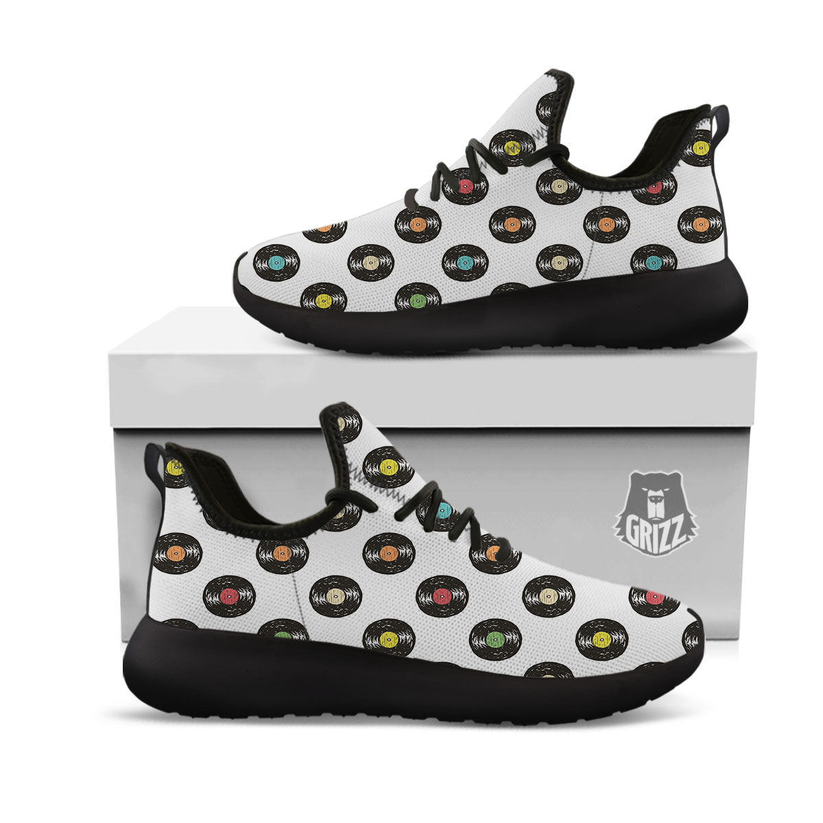 Vinyl Record Hand Drawn Print Pattern Black Athletic Shoes-grizzshop