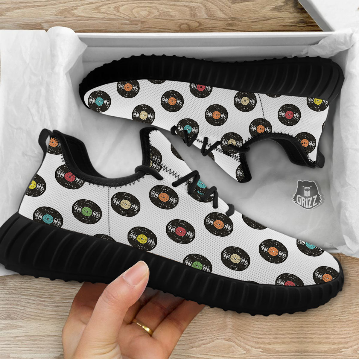 Vinyl Record Hand Drawn Print Pattern Black Walking Shoes-grizzshop