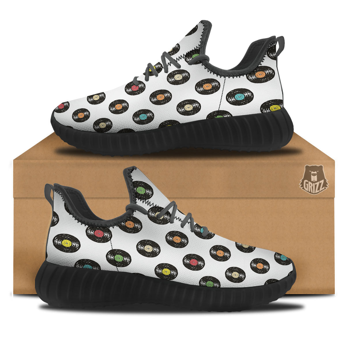 Vinyl Record Hand Drawn Print Pattern Black Walking Shoes-grizzshop