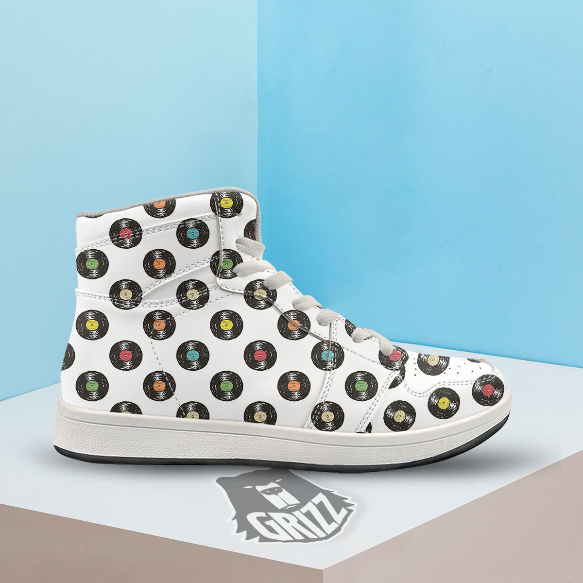 Vinyl Record Hand Drawn Print Pattern High Top Sneakers-grizzshop