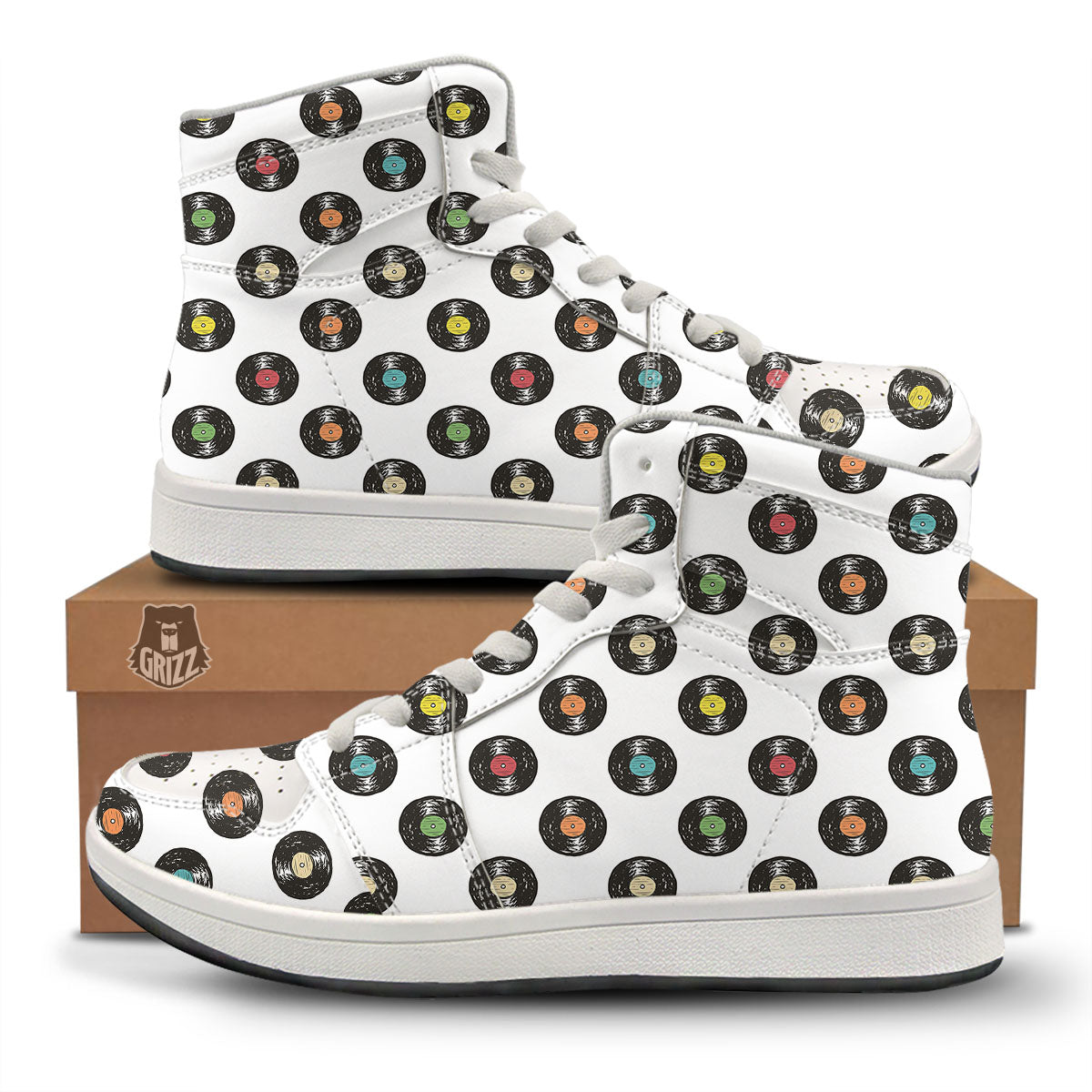 Vinyl Record Hand Drawn Print Pattern High Top Sneakers-grizzshop
