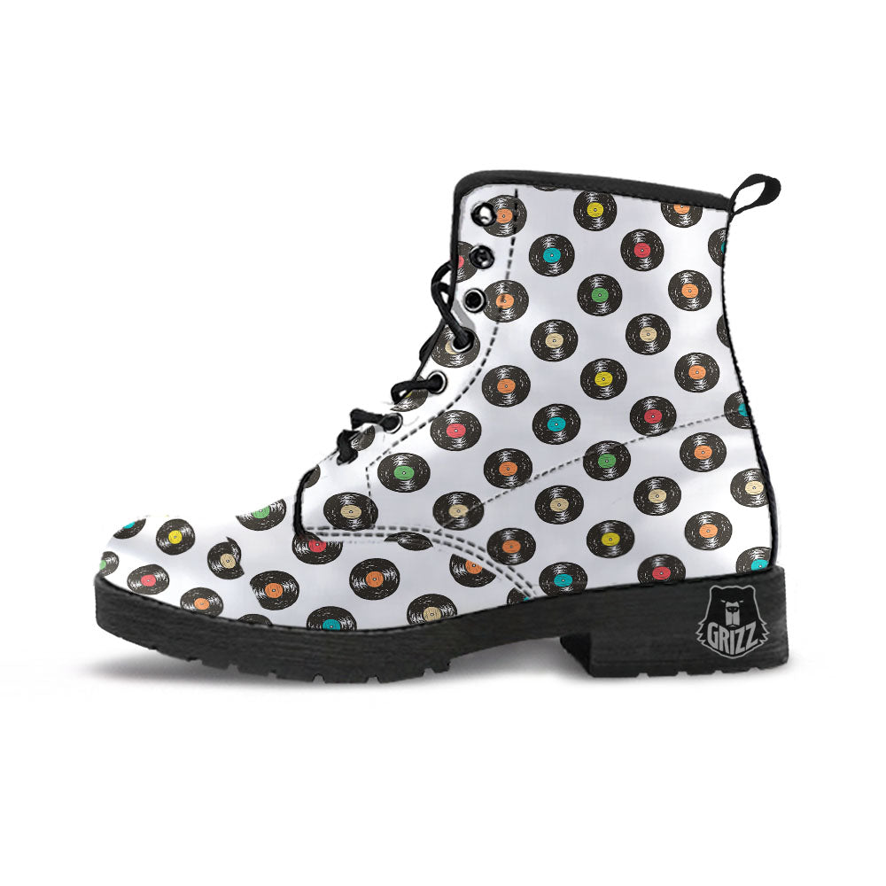 Vinyl Record Hand Drawn Print Pattern Leather Boots-grizzshop