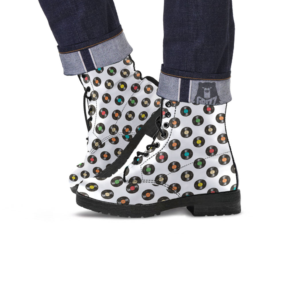 Vinyl Record Hand Drawn Print Pattern Leather Boots-grizzshop