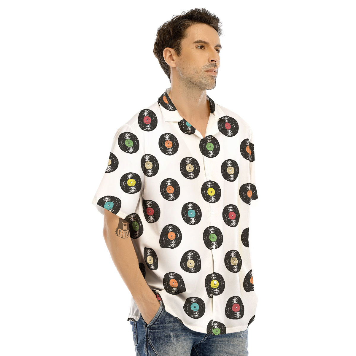 Vinyl Record Hand Drawn Print Pattern Men's Hawaiian Shirt-grizzshop