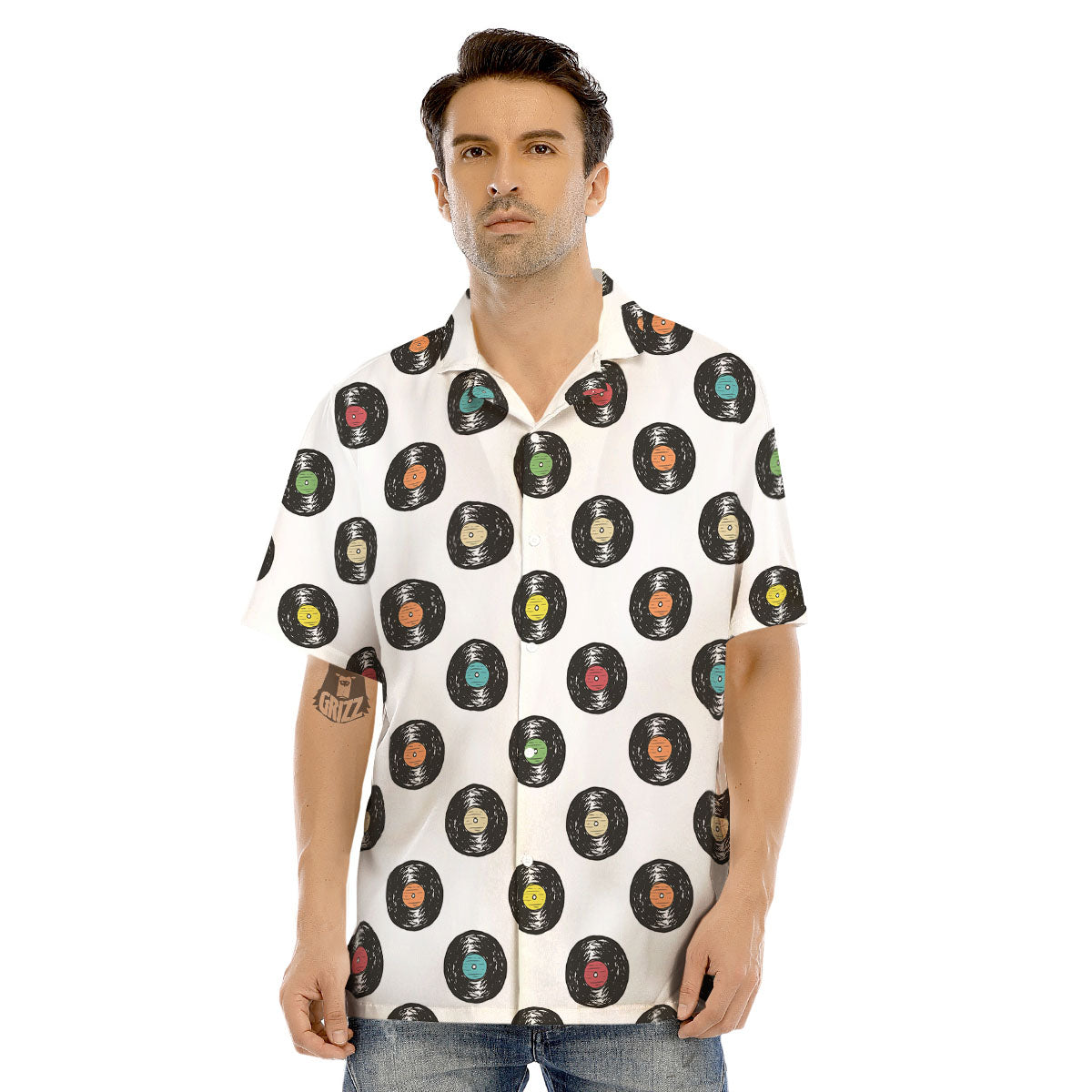 Vinyl Record Hand Drawn Print Pattern Men's Hawaiian Shirt-grizzshop
