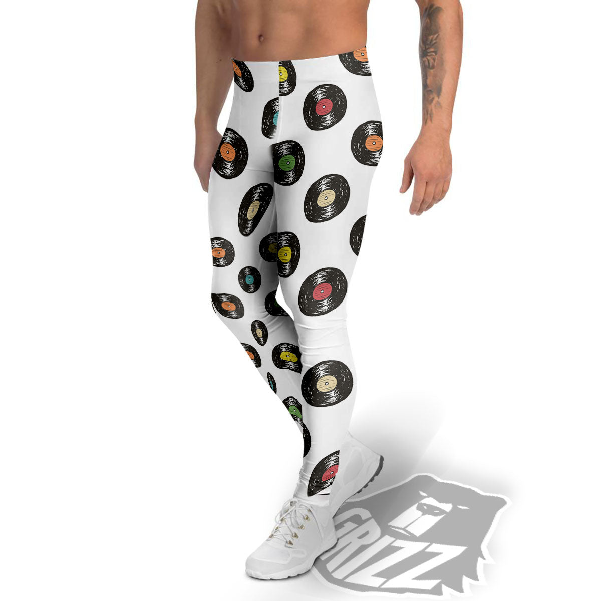 Vinyl Record Hand Drawn Print Pattern Men's Leggings-grizzshop