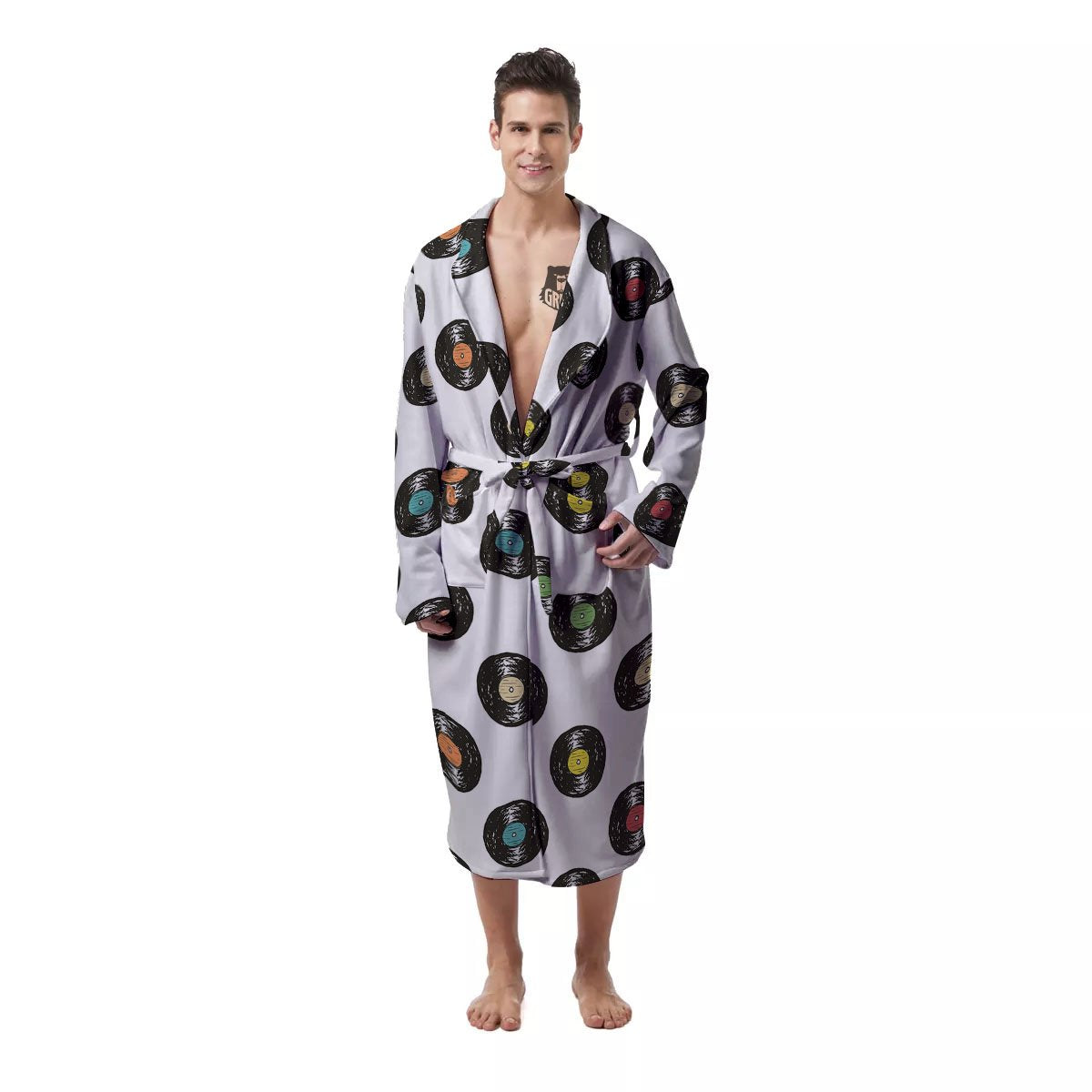 Vinyl Record Hand Drawn Print Pattern Men's Robe-grizzshop