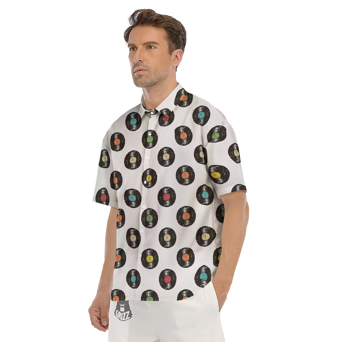 Vinyl Record Hand Drawn Print Pattern Men's Short Sleeve Shirts-grizzshop