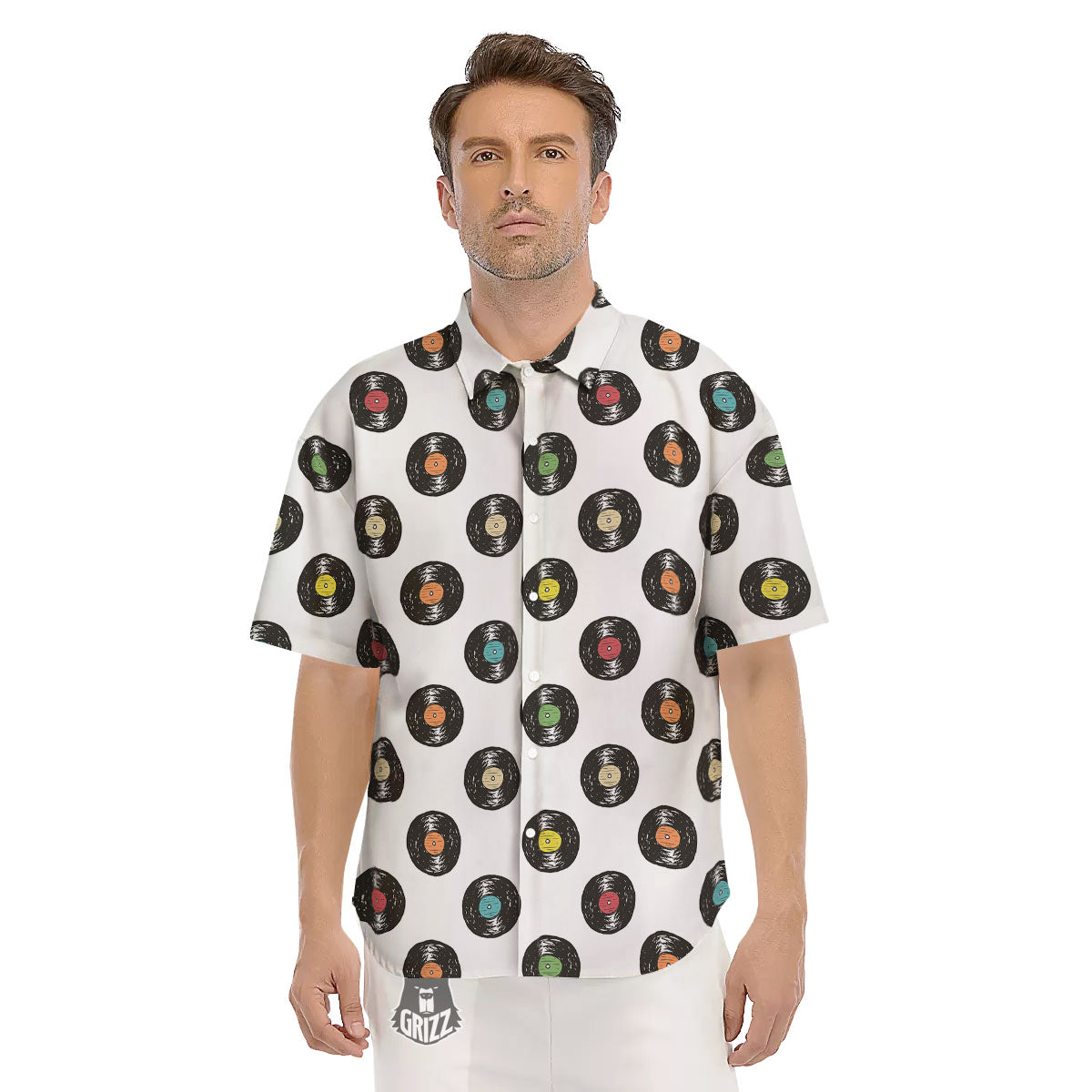 Vinyl Record Hand Drawn Print Pattern Men's Short Sleeve Shirts-grizzshop