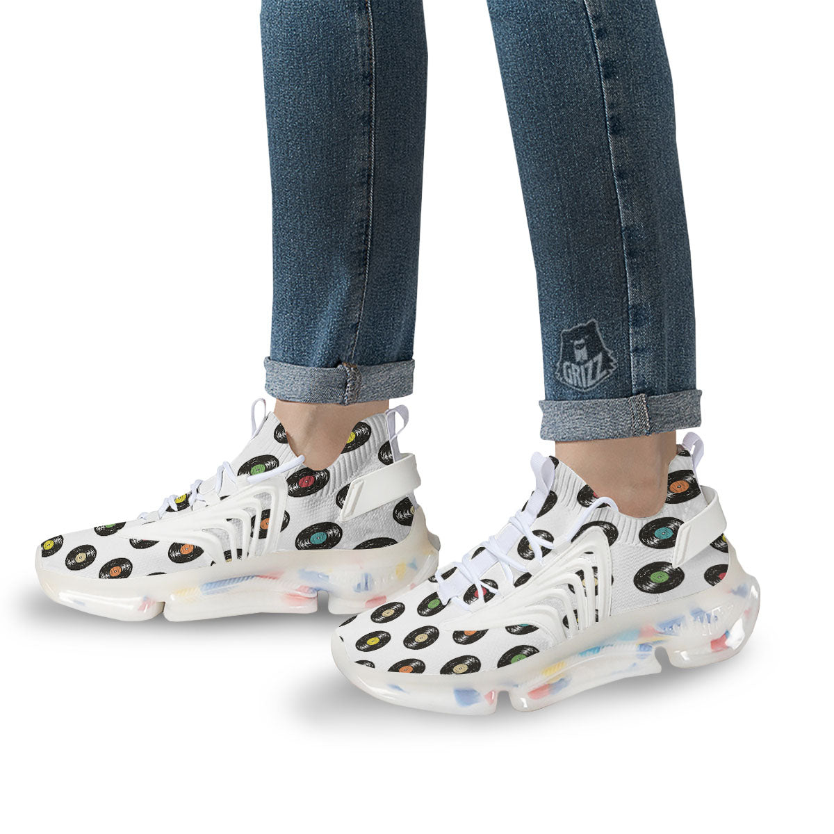 Vinyl Record Hand Drawn Print Pattern White Gym Shoes-grizzshop