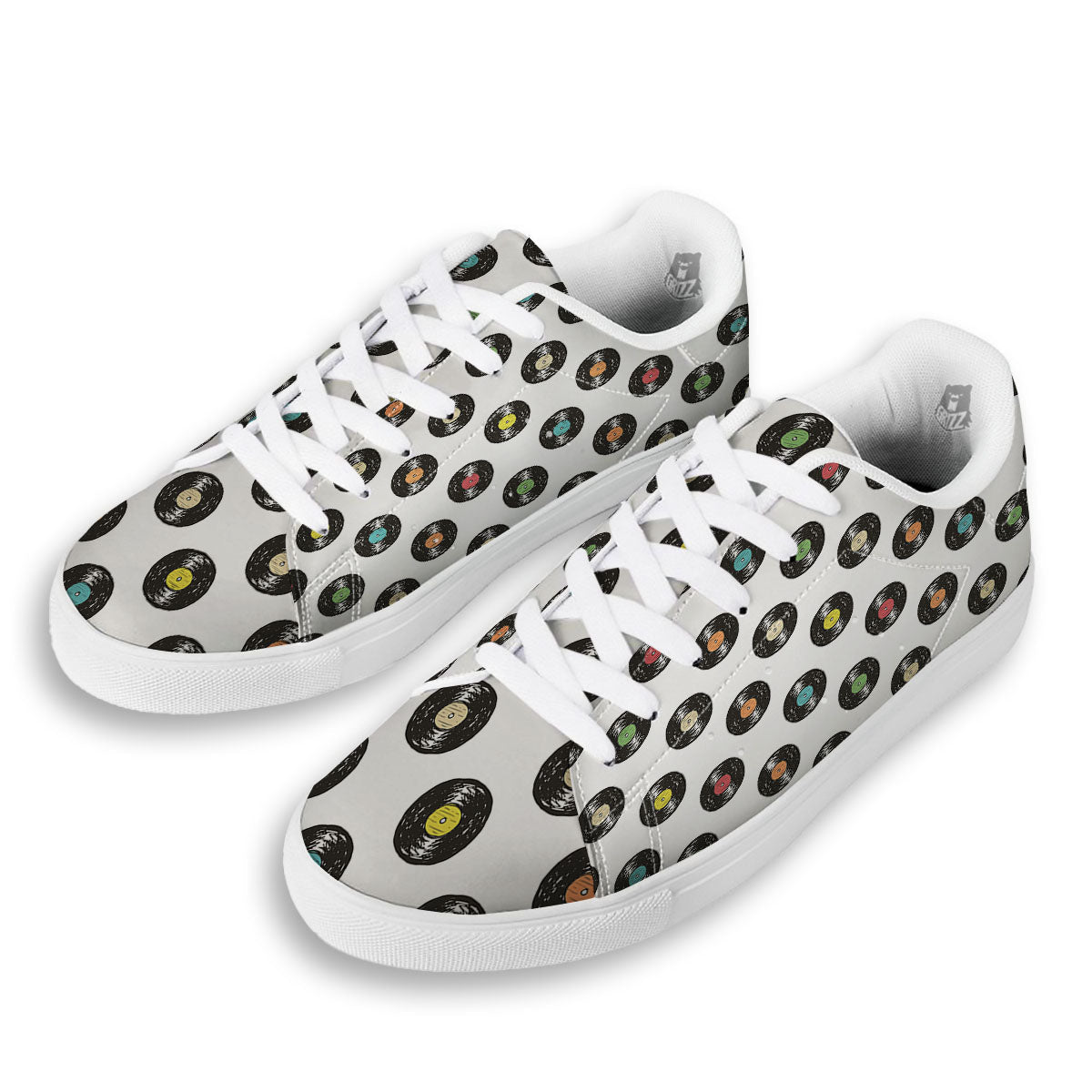Vinyl Record Hand Drawn Print Pattern White Low Top Sneakers-grizzshop