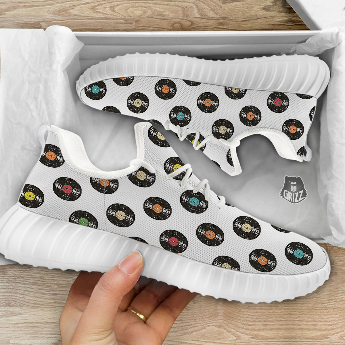 Vinyl Record Hand Drawn Print Pattern White Walking Shoes-grizzshop