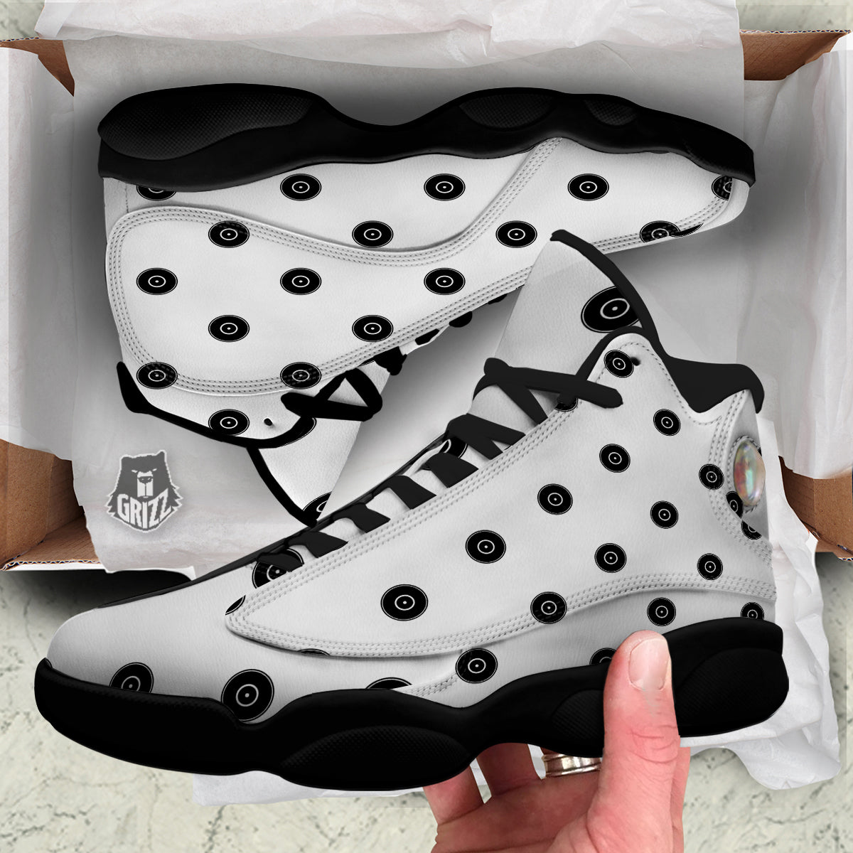 Vinyl White And Black Print Pattern Black Basketball Shoes-grizzshop