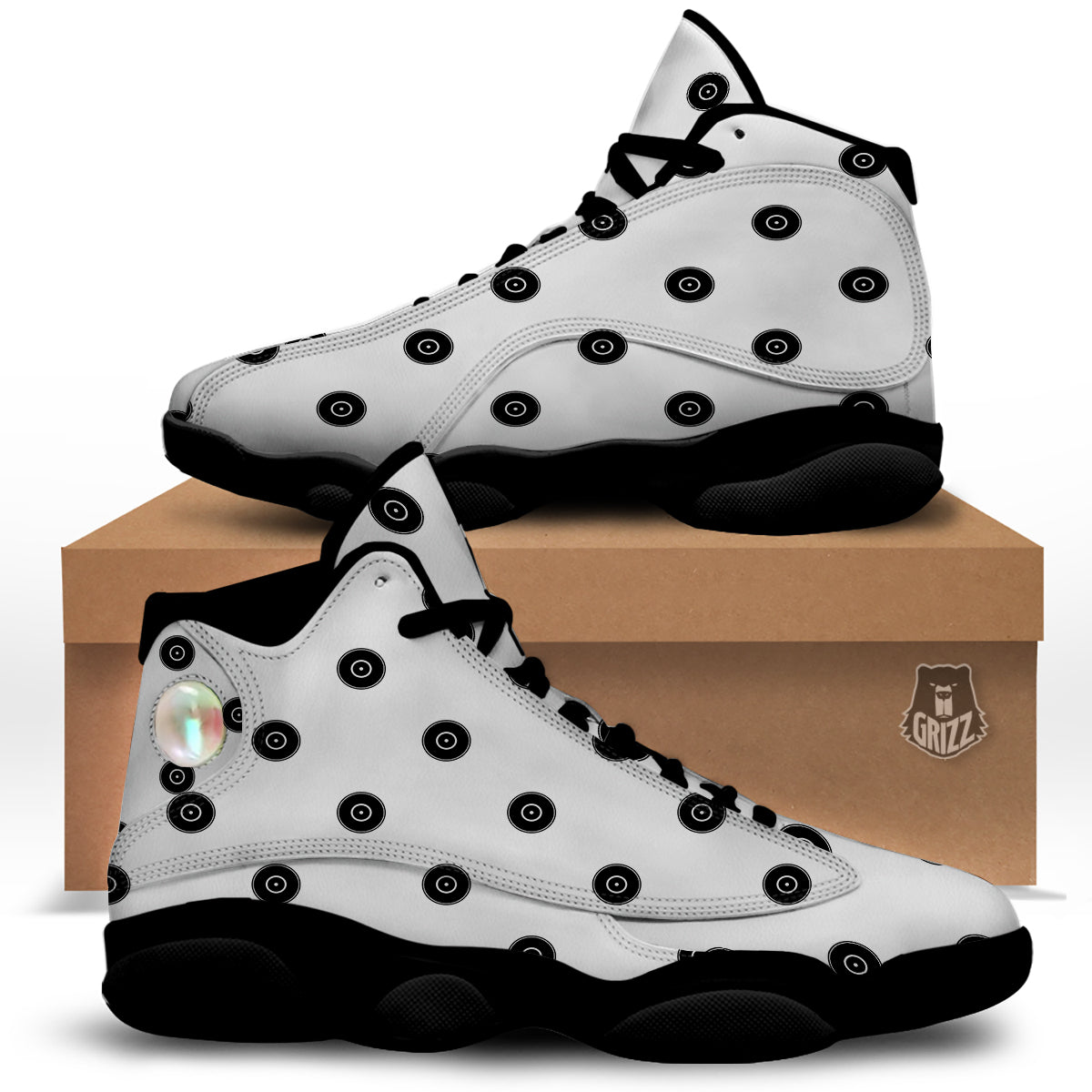 Vinyl White And Black Print Pattern Black Basketball Shoes-grizzshop