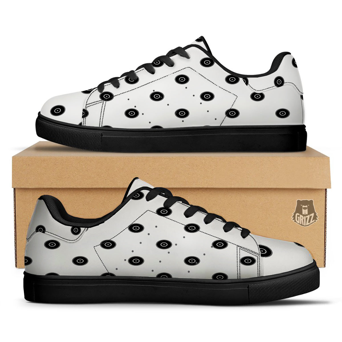 Vinyl White And Black Print Pattern Black Low Top Sneakers-grizzshop