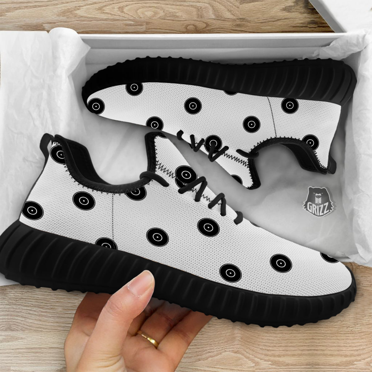 Vinyl White And Black Print Pattern Black Walking Shoes-grizzshop