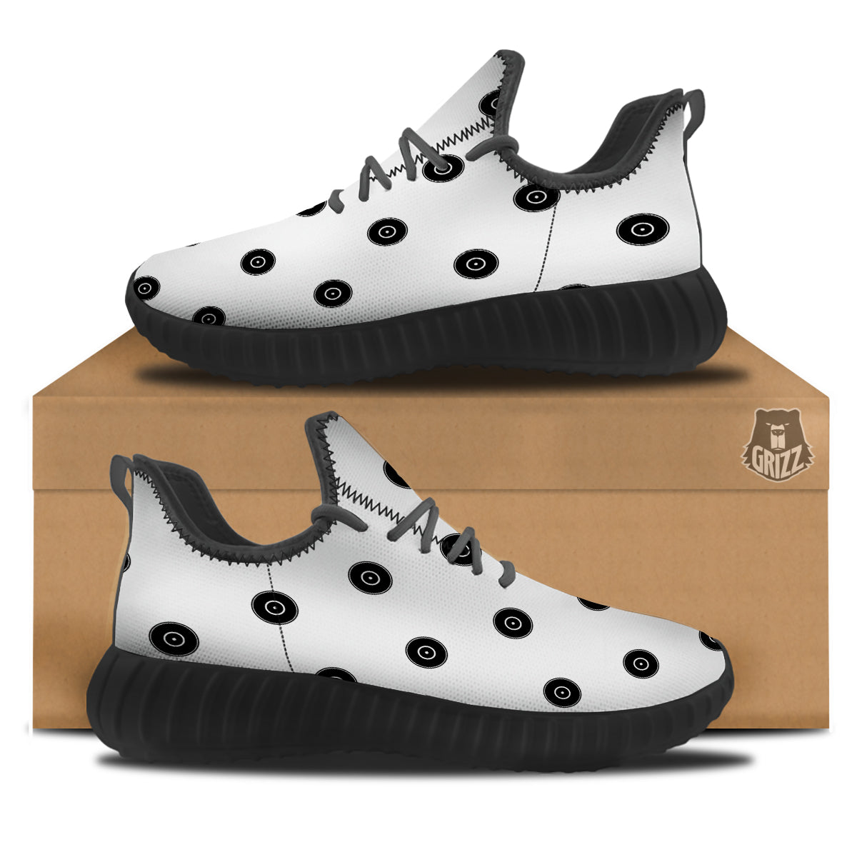 Vinyl White And Black Print Pattern Black Walking Shoes-grizzshop