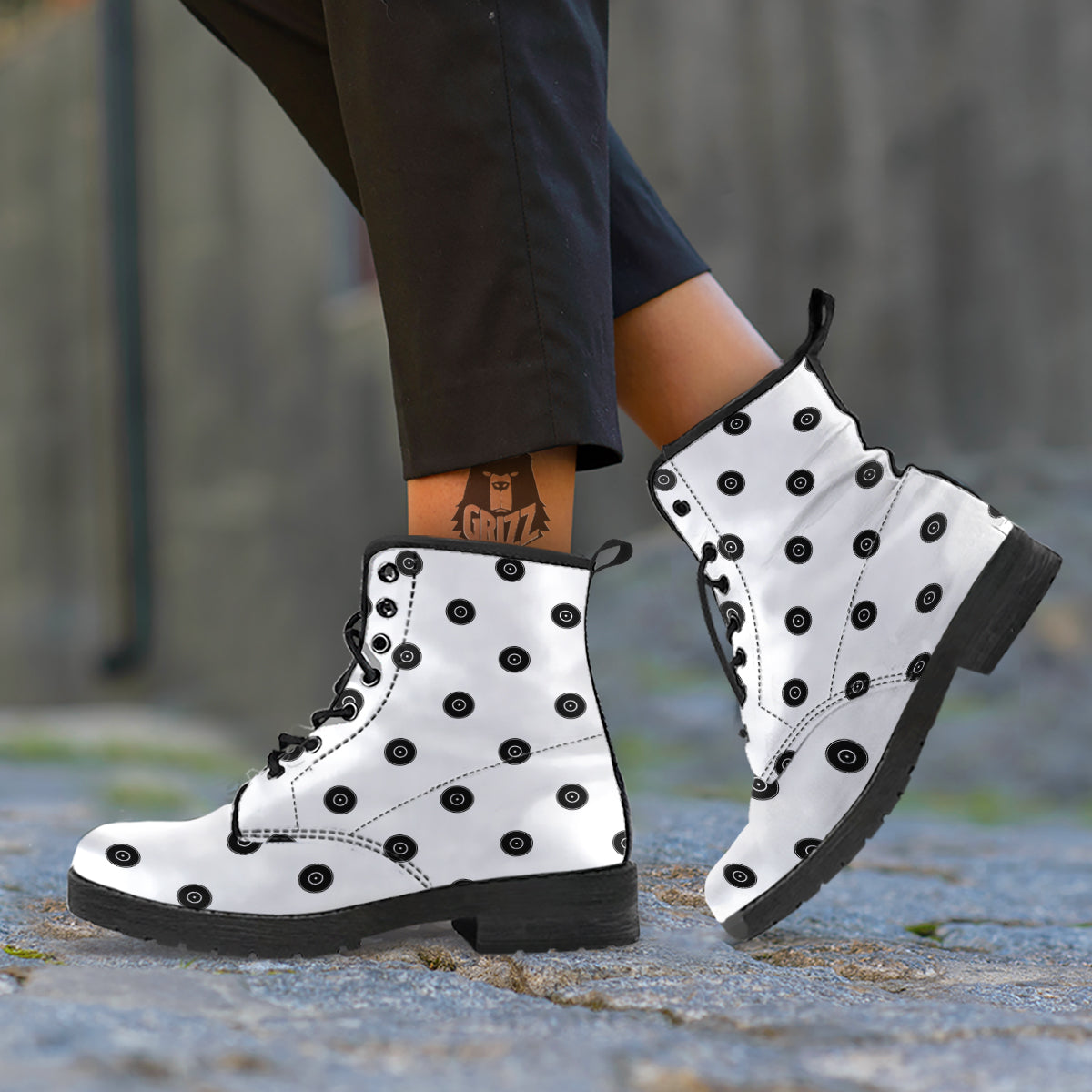 Vinyl White And Black Print Pattern Leather Boots-grizzshop