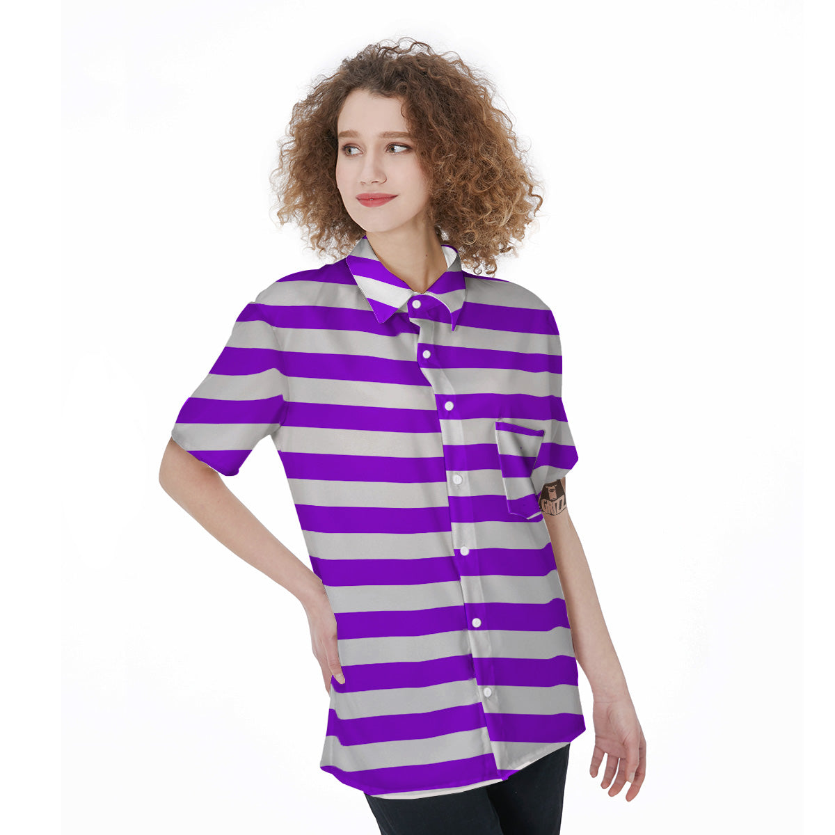 Violet Color Striped Print Women's Short Sleeve Shirts-grizzshop