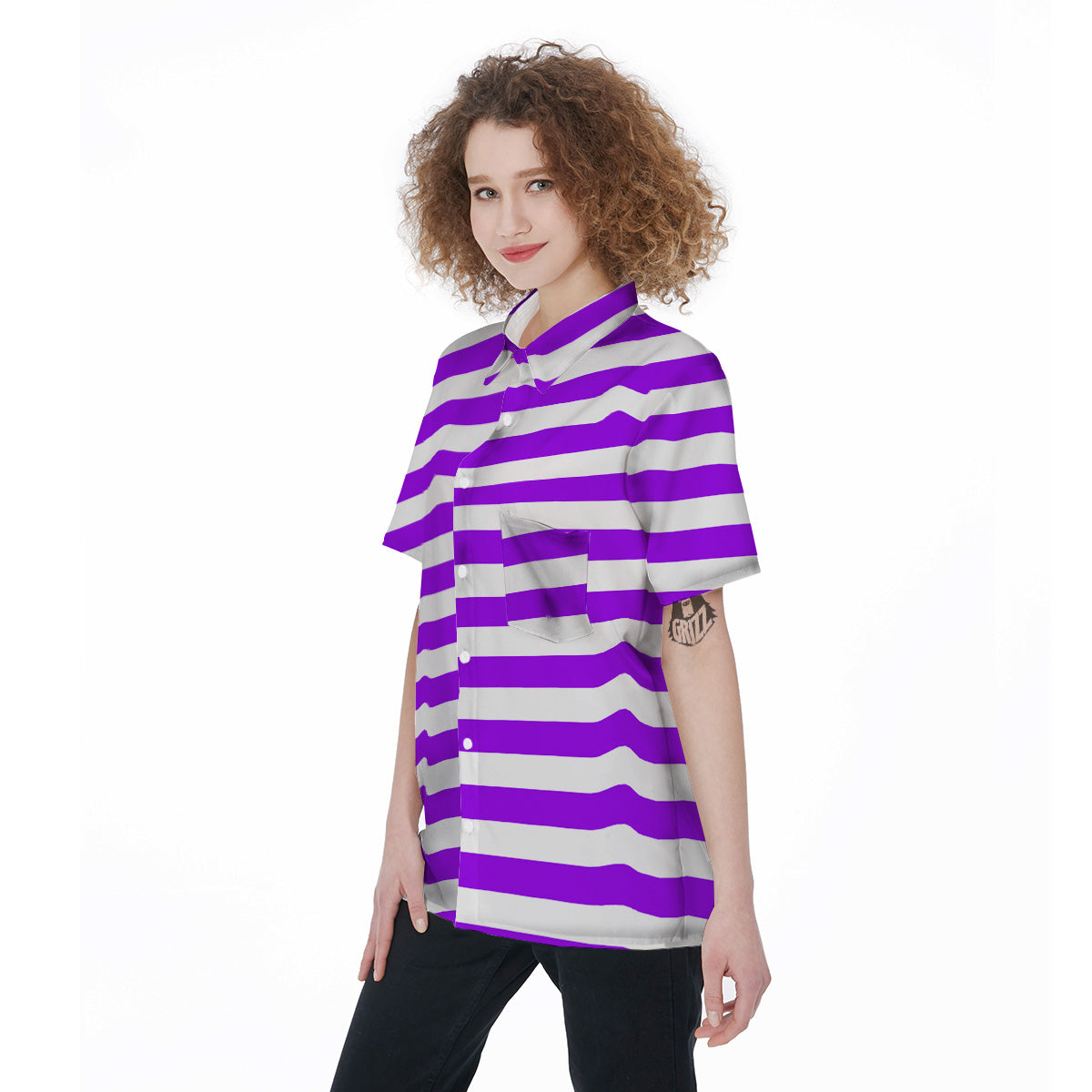 Violet Color Striped Print Women's Short Sleeve Shirts-grizzshop
