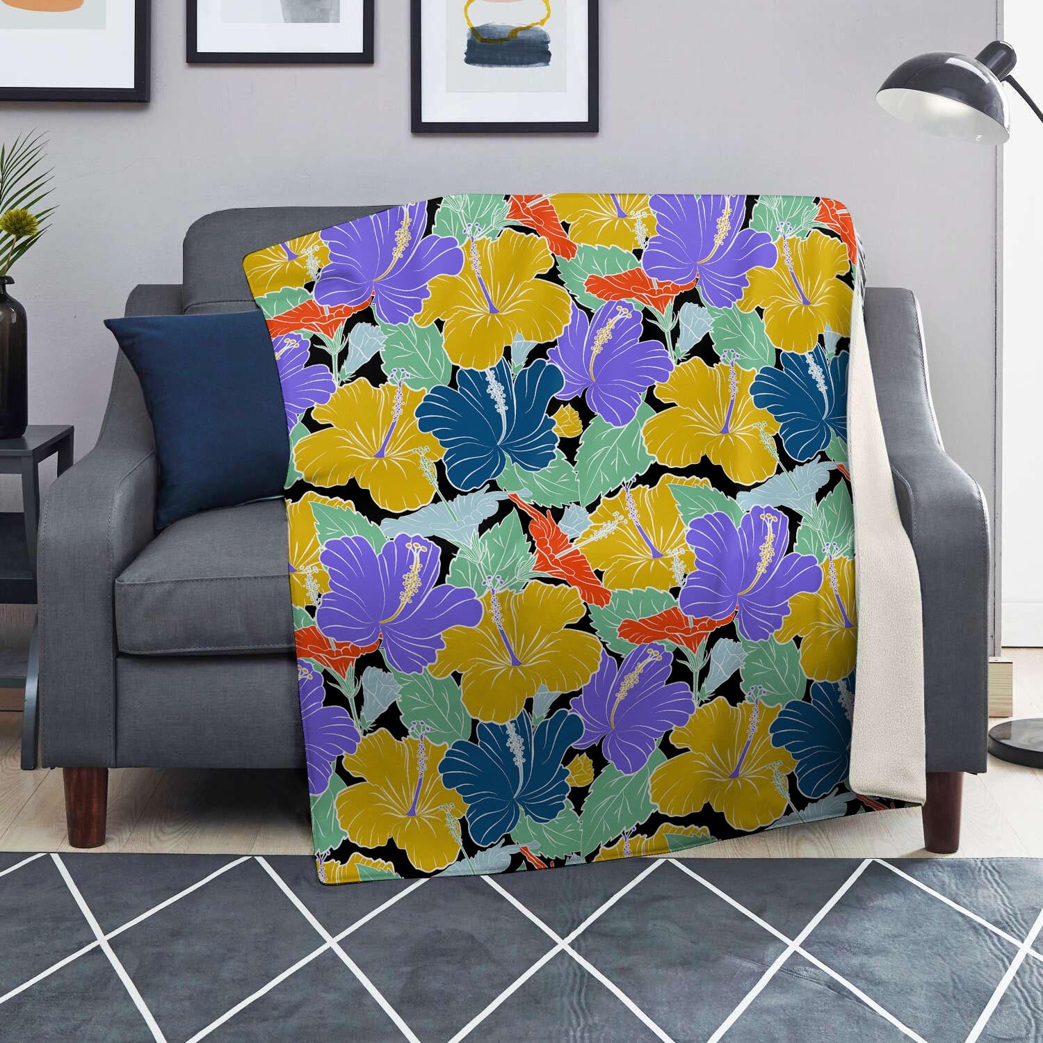 Violet Hibiscus Flower Hawaiian Print Blanket-grizzshop