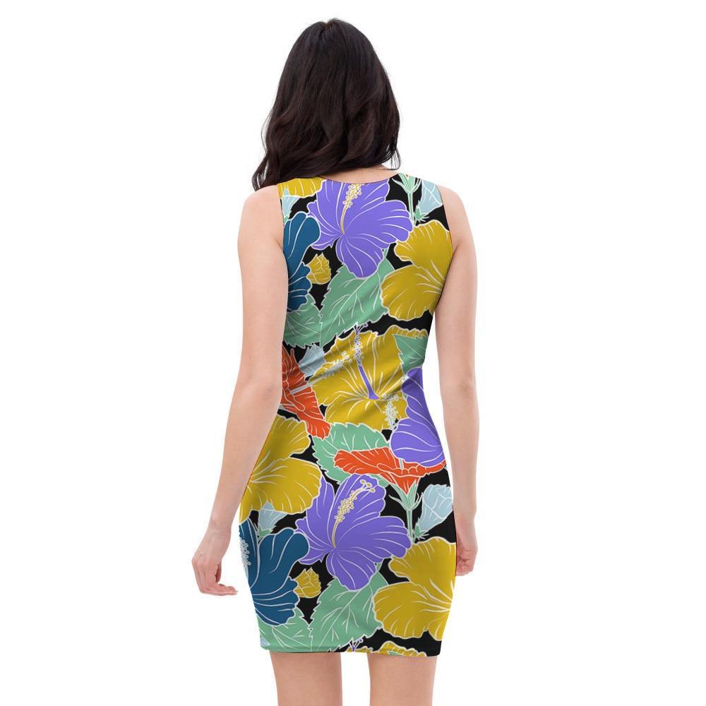 Violet Hibiscus Flower Hawaiian Print Bodycon Dress-grizzshop