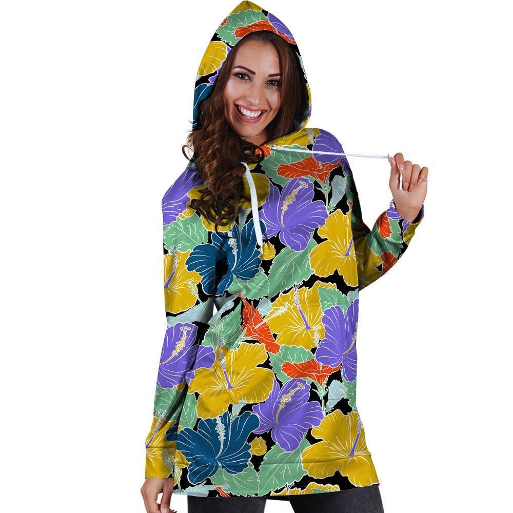 Violet Hibiscus Flower Hawaiian Print Hoodie Dress-grizzshop