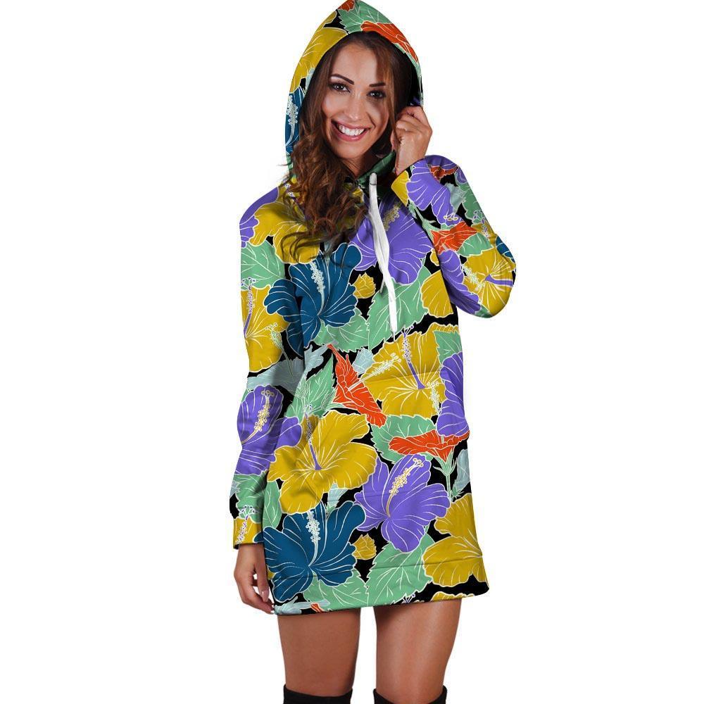 Violet Hibiscus Flower Hawaiian Print Hoodie Dress-grizzshop