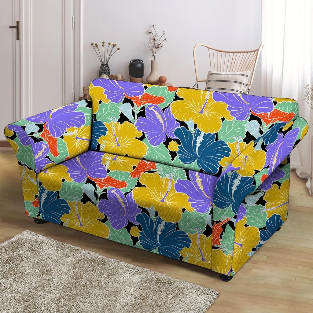 Violet Hibiscus Flower Hawaiian Print Loveseat Cover-grizzshop